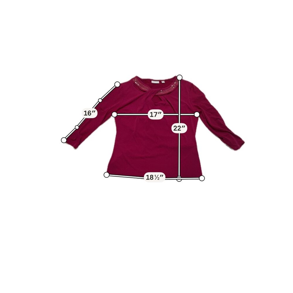 Womens Burgundy 3/4 Sleeve Top With Beaded Neckline Size LARGE Stretchy Lightwei